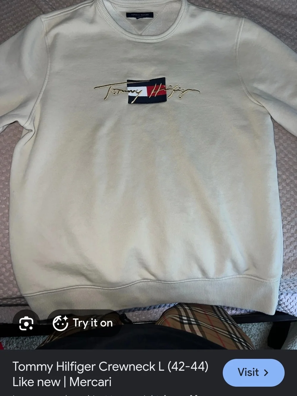 Tommy Hilfiger White Crewneck Sweater with Gold Script Logo and Flag